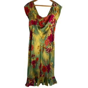 Anthropology 100% Silk Boho Dress Vibrant‎ Floral Print Whimsical Y2K Size XL